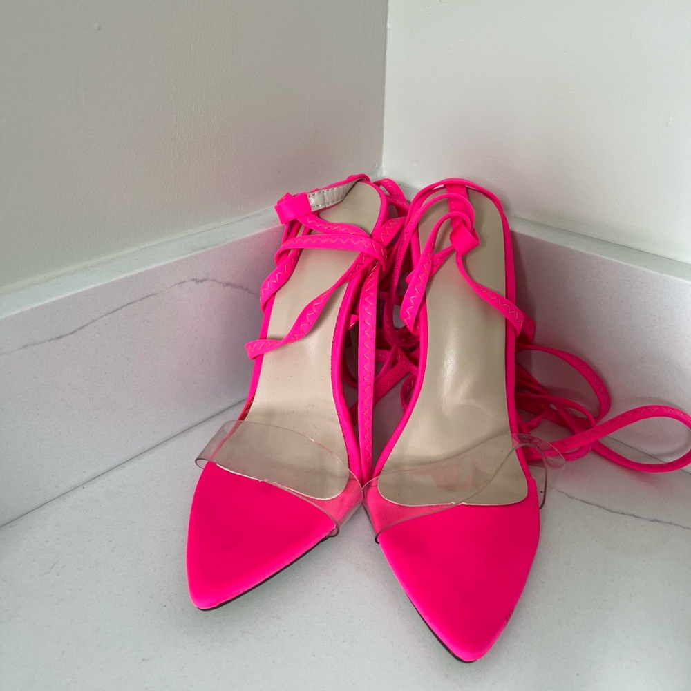 Pink lace up heels with transparent strap, size 7. Worn once.